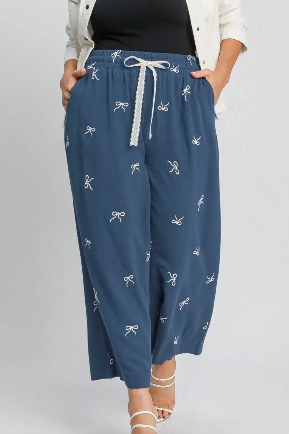 Full Size Lace Drawstring Embroidered Bow Wide Leg Pants Plus Size, image 4