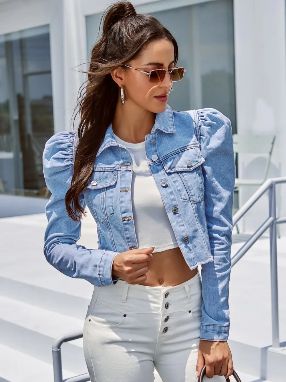 Button Down Raw Hem Cropped Denim Jacket, image 2