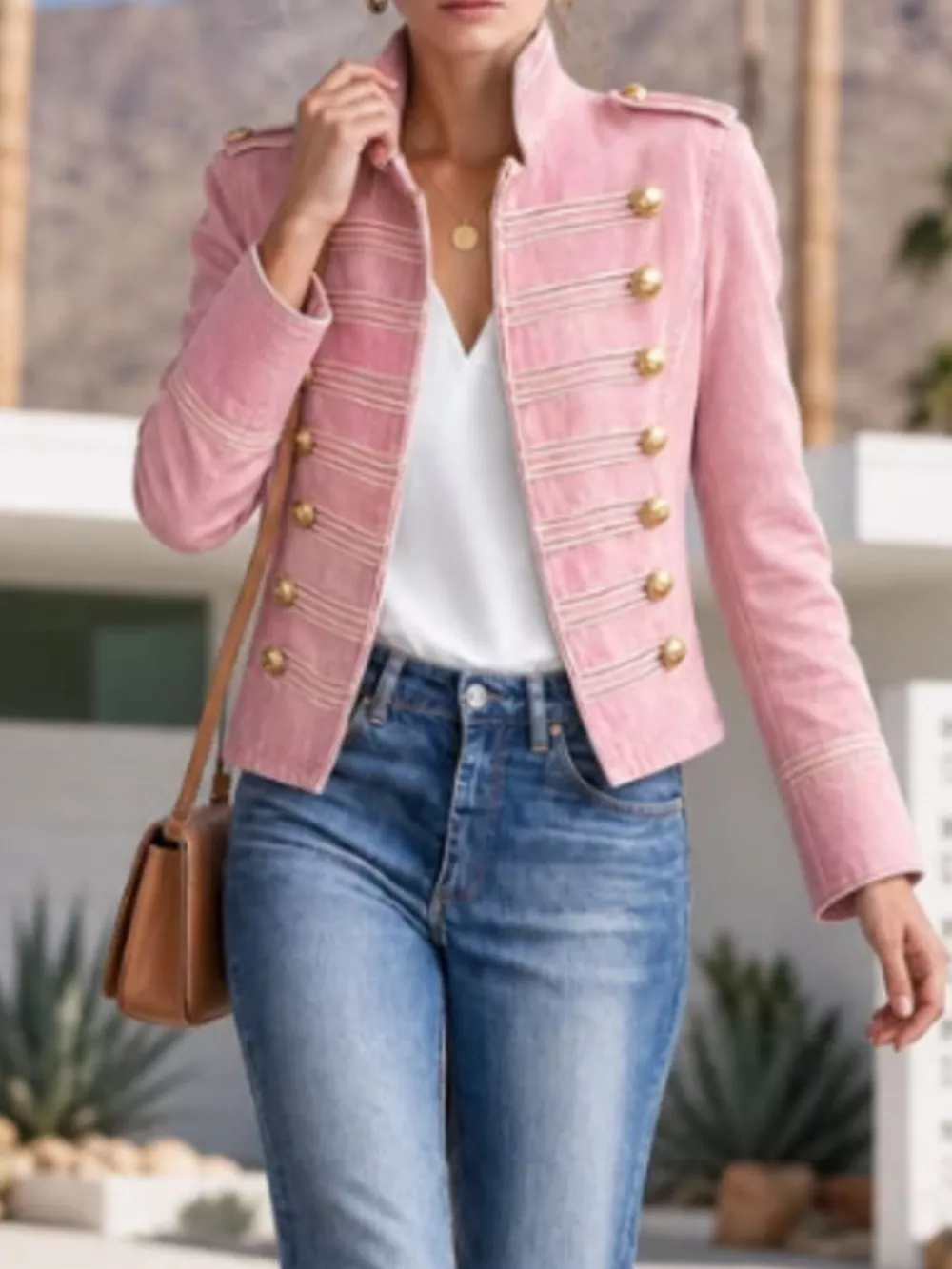 Military-Inspired Denim Jacket with Gold Button Detailing, image 2