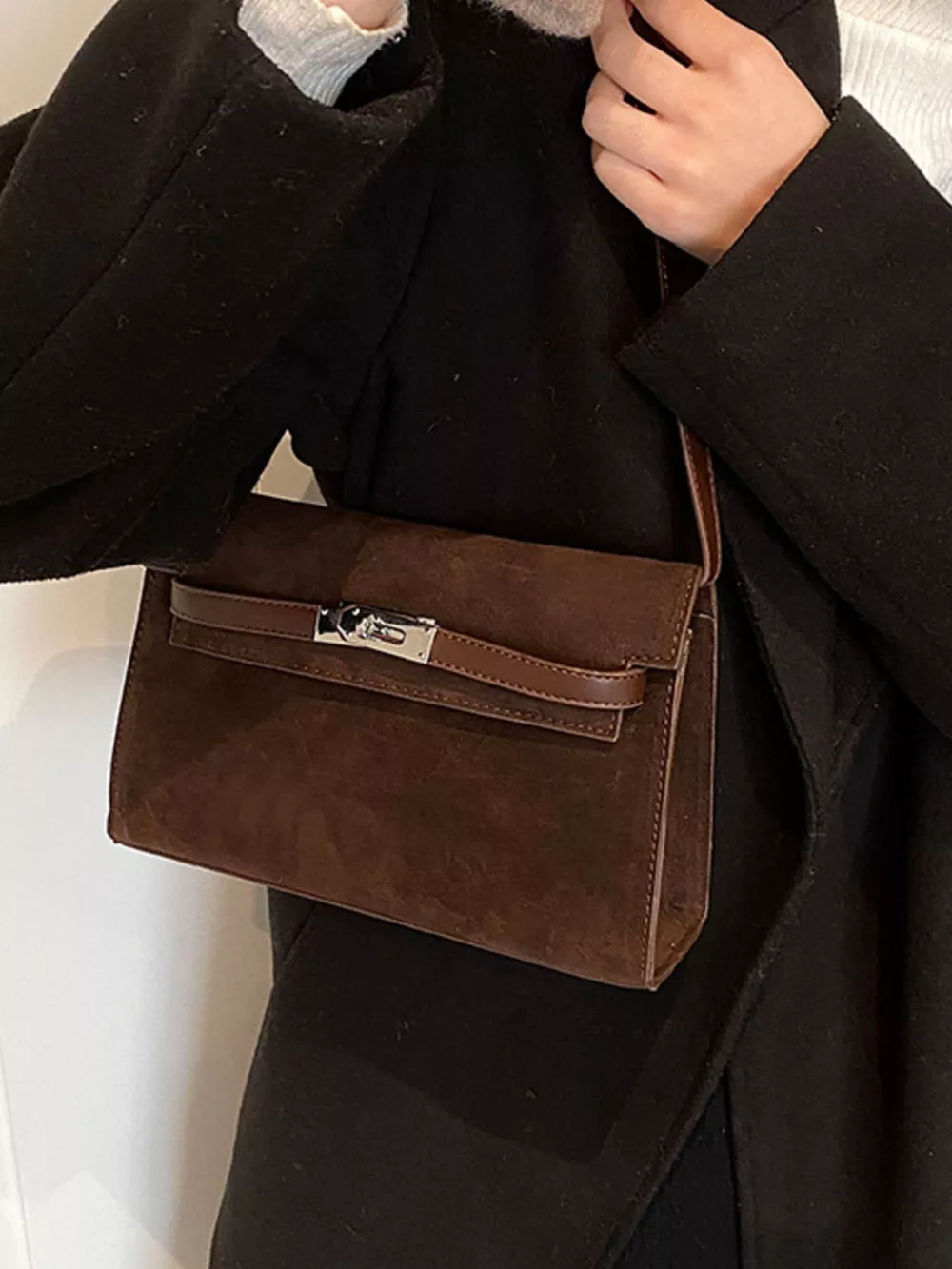 Solid Color Buckle Shoulder Bag, image 5
