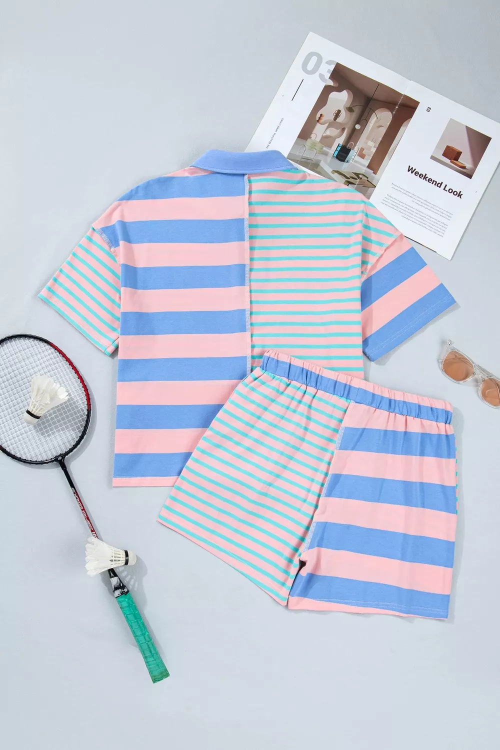 Stripe Exposed Seam Mixed Patchwork Loose Short Set, image 4