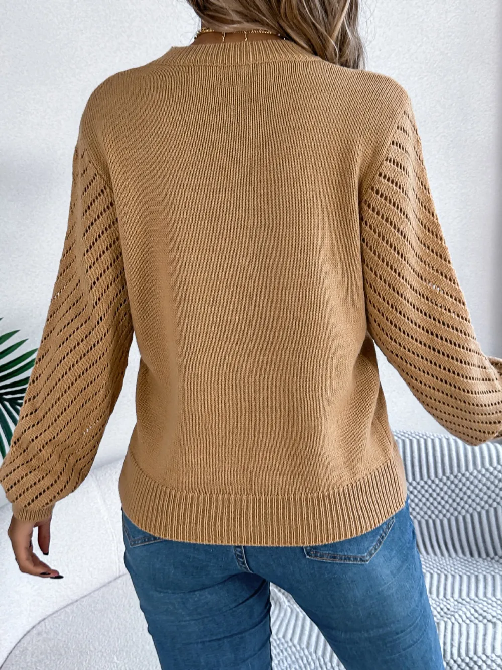 Openwork Round Neck Long Sleeve Knit Top, image 10