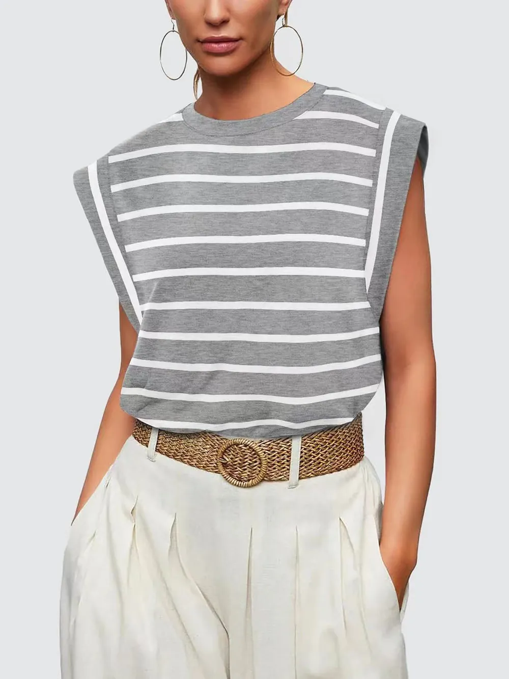 Striped Round Neck Cap Sleeve T-Shirt, image 20