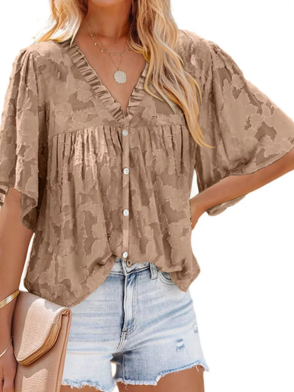 Full Size Textured V-Neck Button-Down Shirt Plus Size, image 2