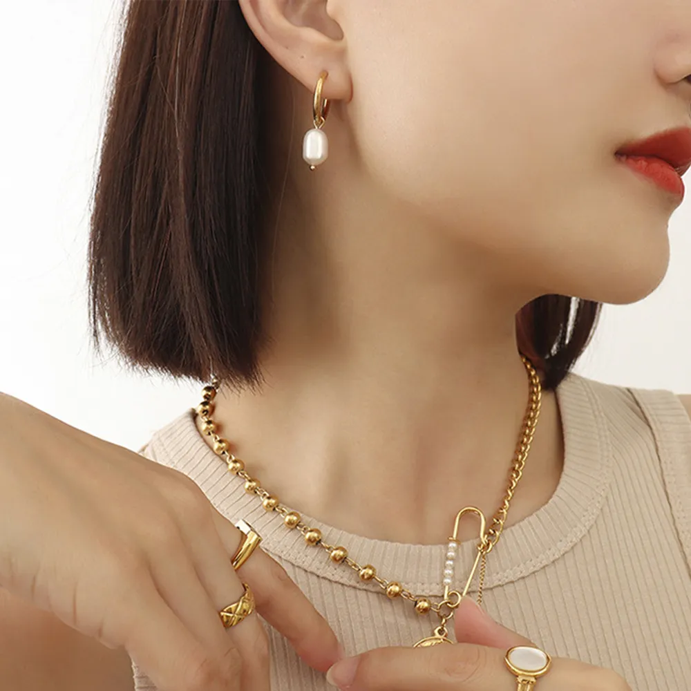 Gold-Plated Titanium Steel Pearl Earrings, image 5