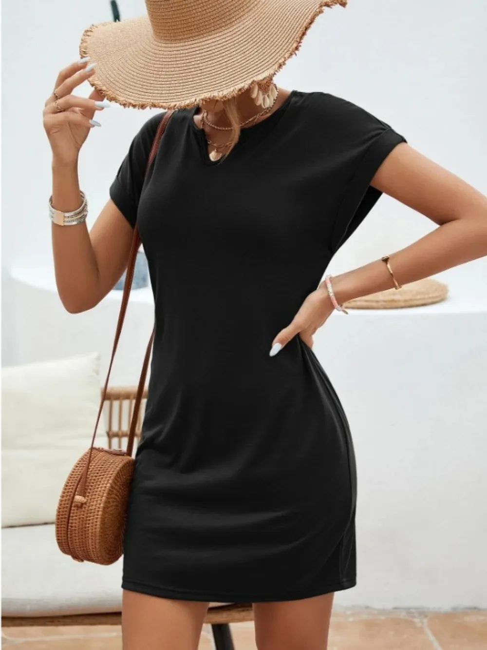 Notched Short Sleeve Mini Tee Dress, image 16