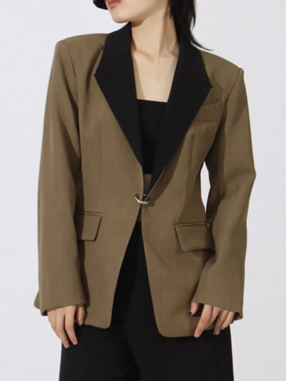 Contrast Lapel Collar Long Sleeve Blazer, image 2