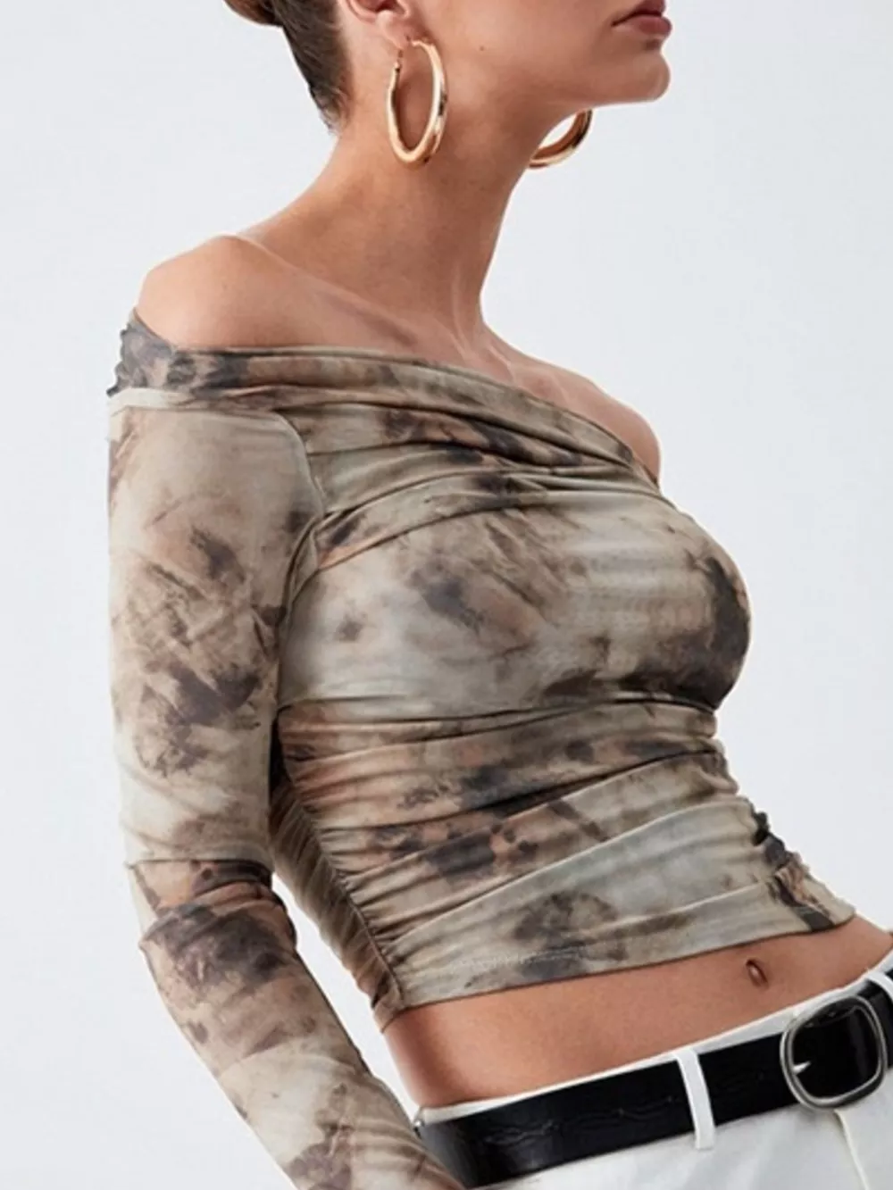 Tie-Dye Print Off-Shoulder Mesh Top