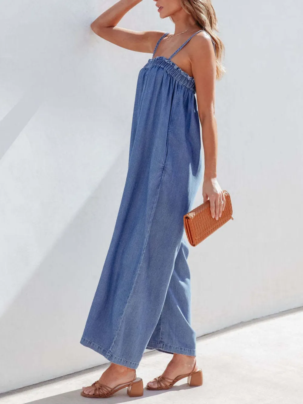 Spaghetti Strap Wide Leg Denim Jumpsuit, image 6