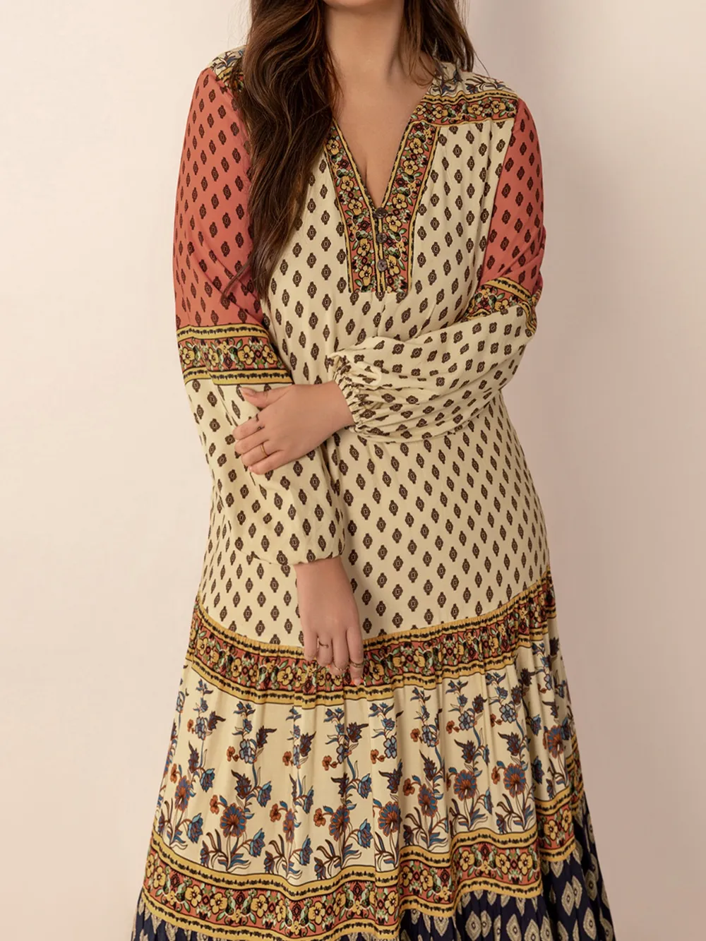 Printed V-Neck Balloon Sleeve Maxi Dress, image 6