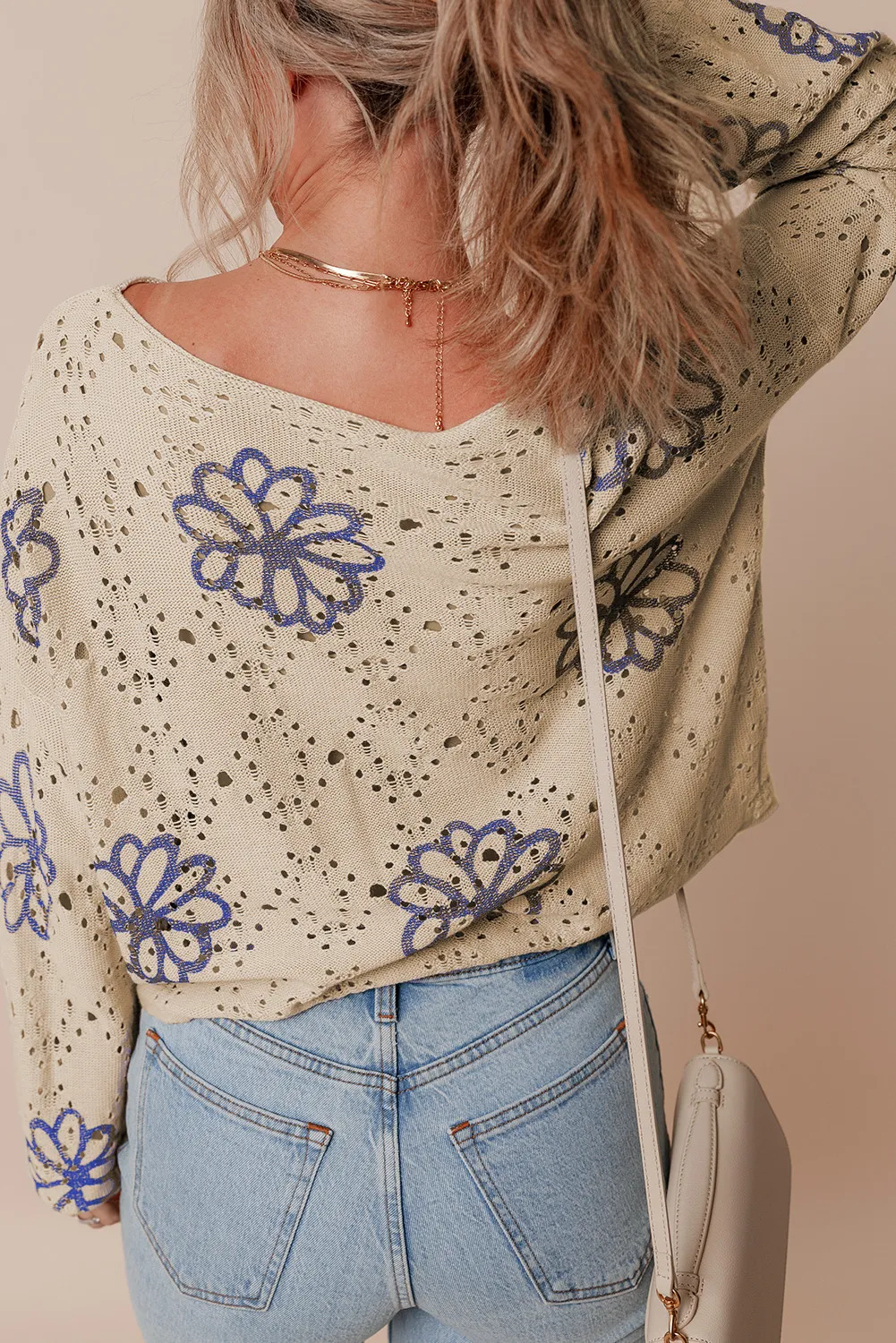 Openwork Round Neck Long Sleeve Knit Top, image 9