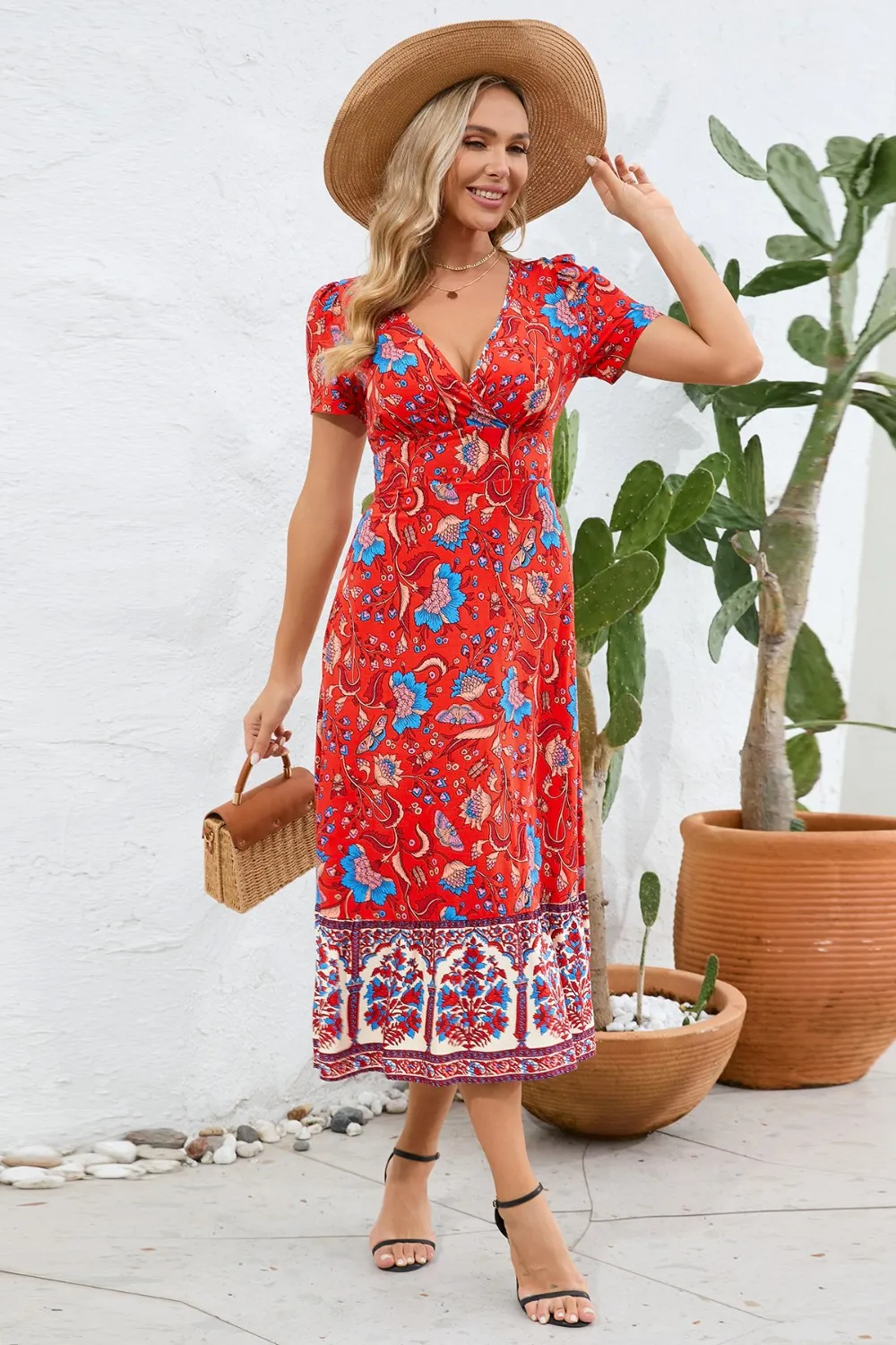 Printed Surplice Short Sleeve Dress, image 6