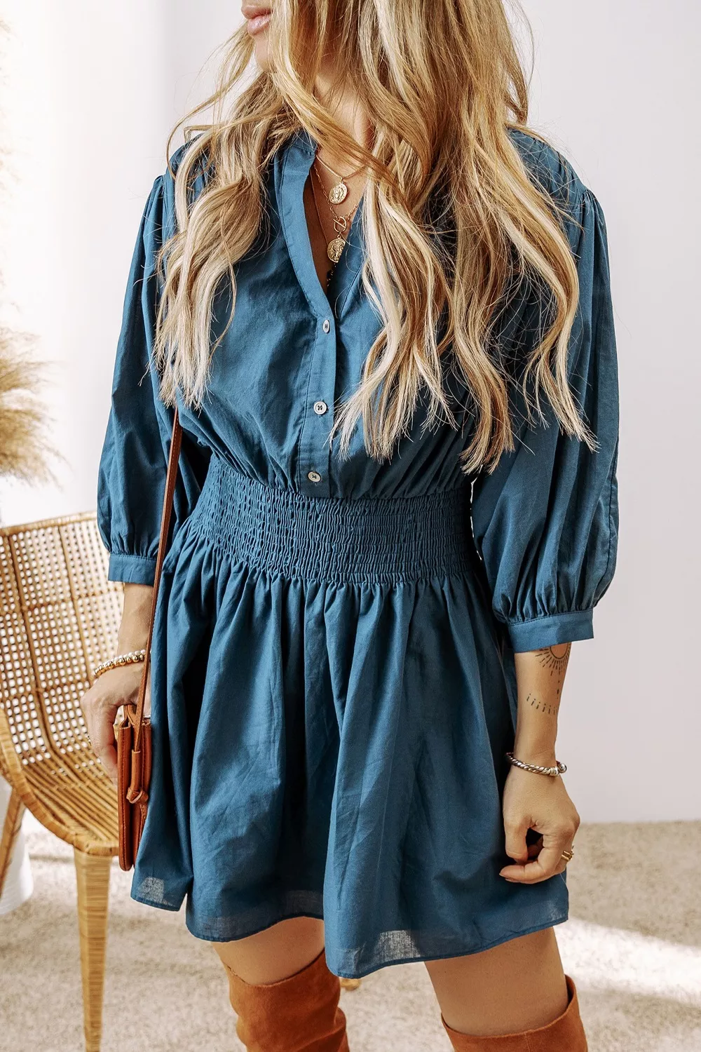 Smocked Button Front Mini Dress, image 10