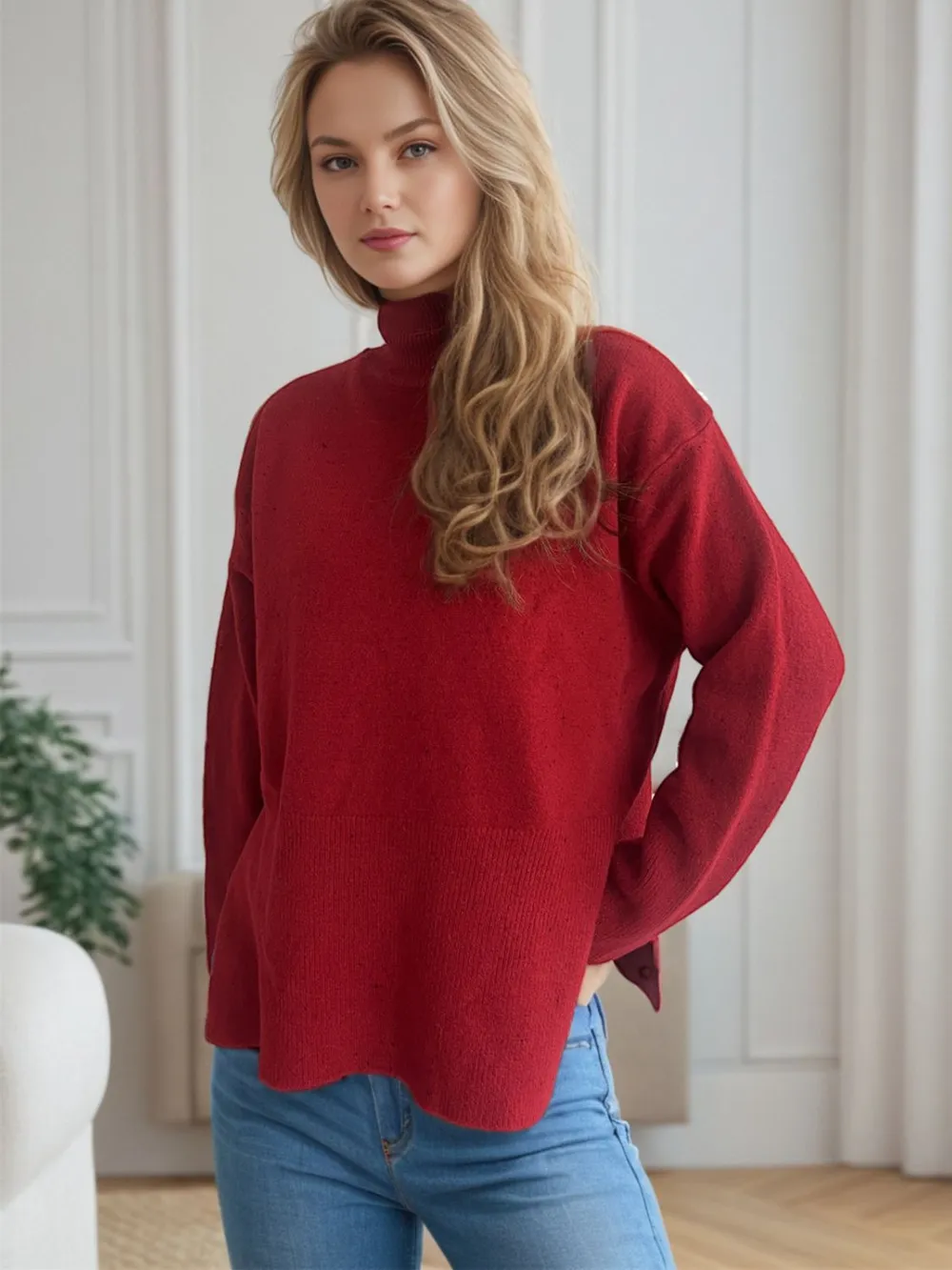 Side Slit Turtleneck Long Sleeve Sweater, image 11