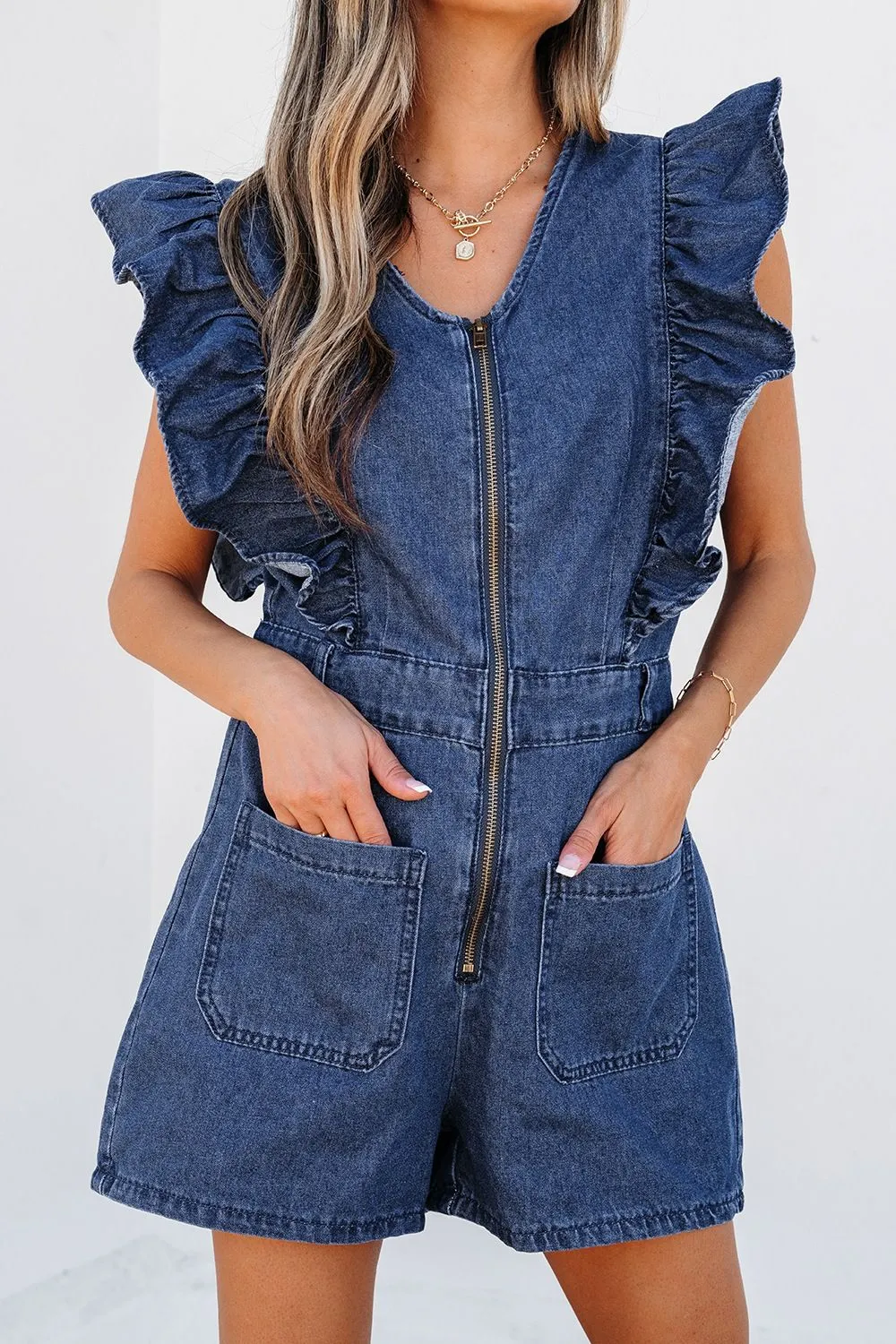 Denim Ruffled Zipped Front Belted Romper, image 13
