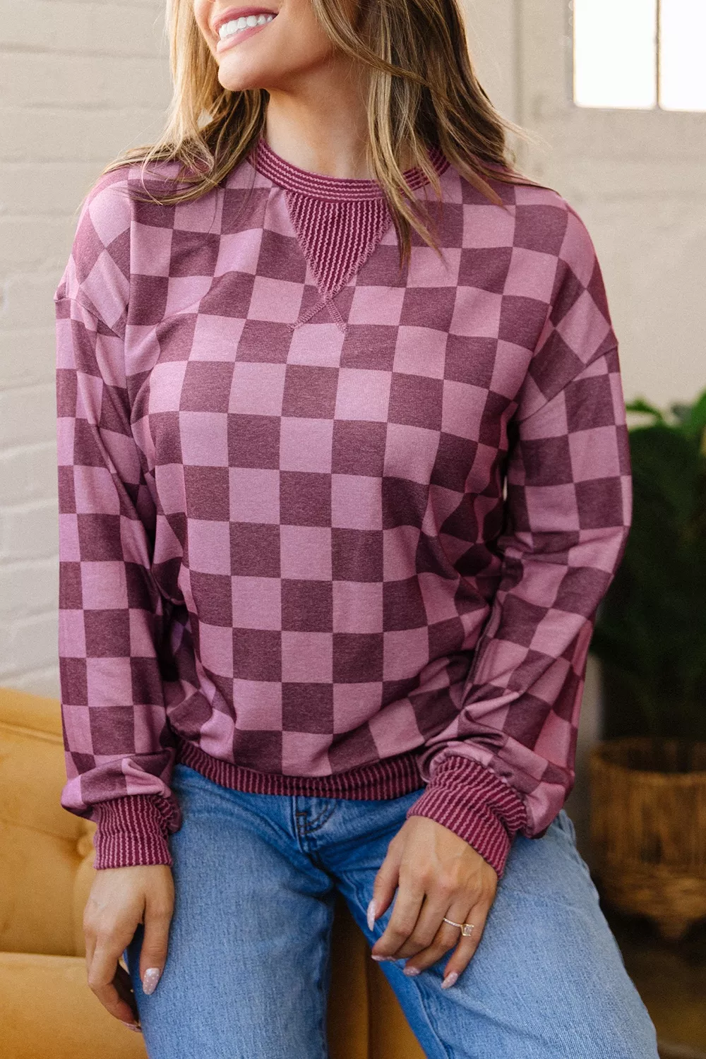 Ribbed Trim Checkered Print Long Sleeve Pullover Top, image 4