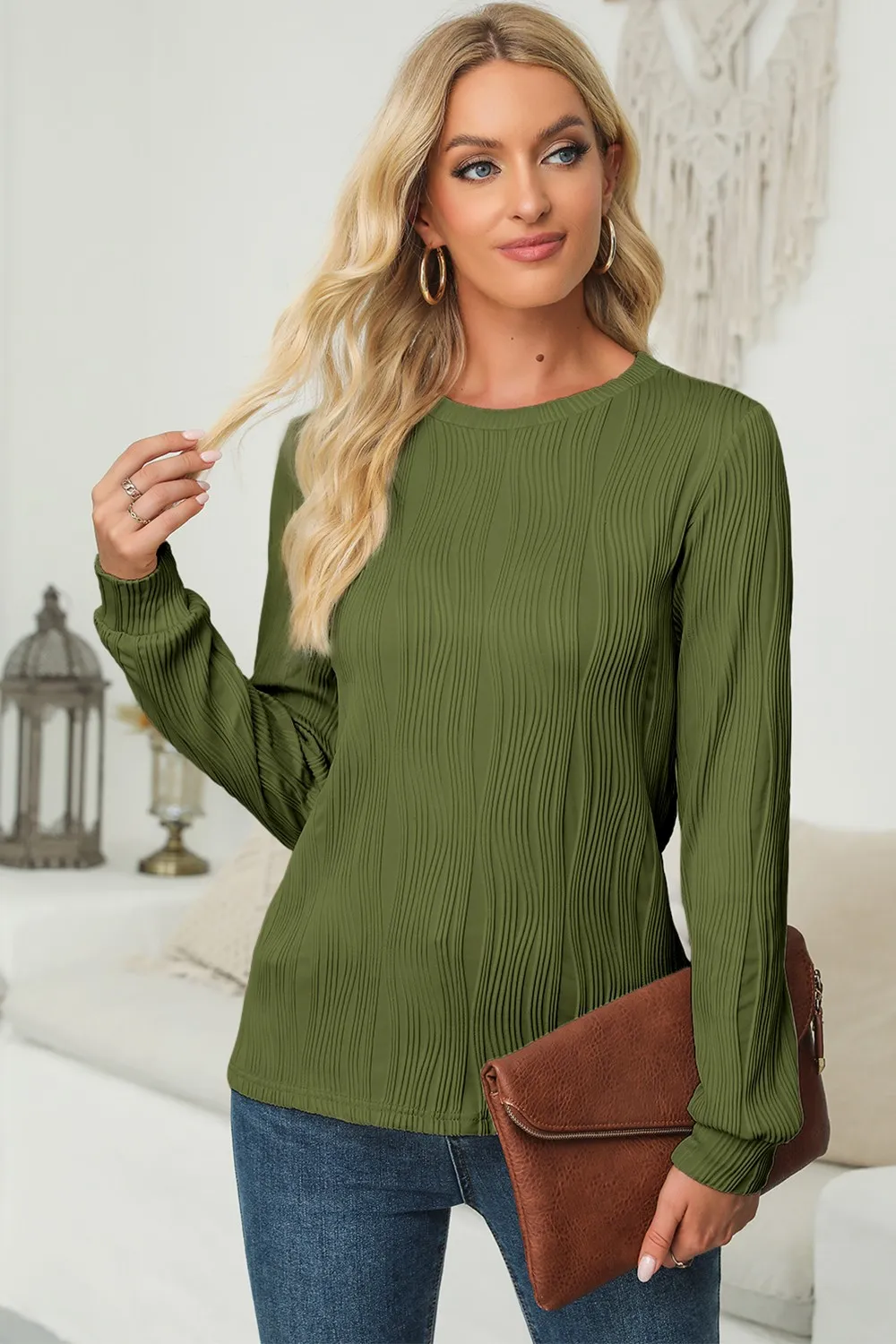 Textured Round Neck Long Sleeve Blouse, image 27
