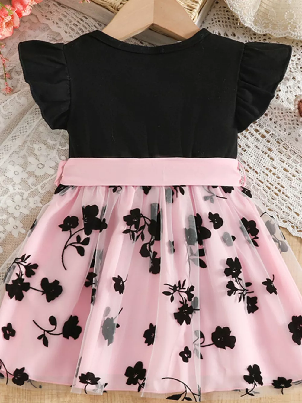 Children's Floral Print Mesh Bowknot Toddler Dress, image 6
