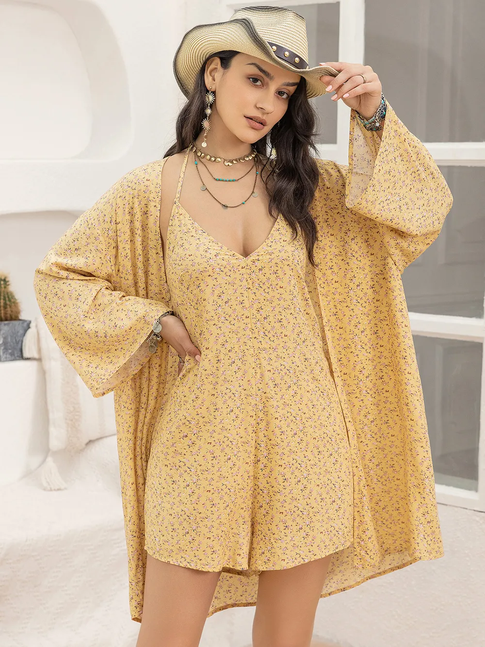 Printed Halter Neck Romper and Cover Up Set, image 5