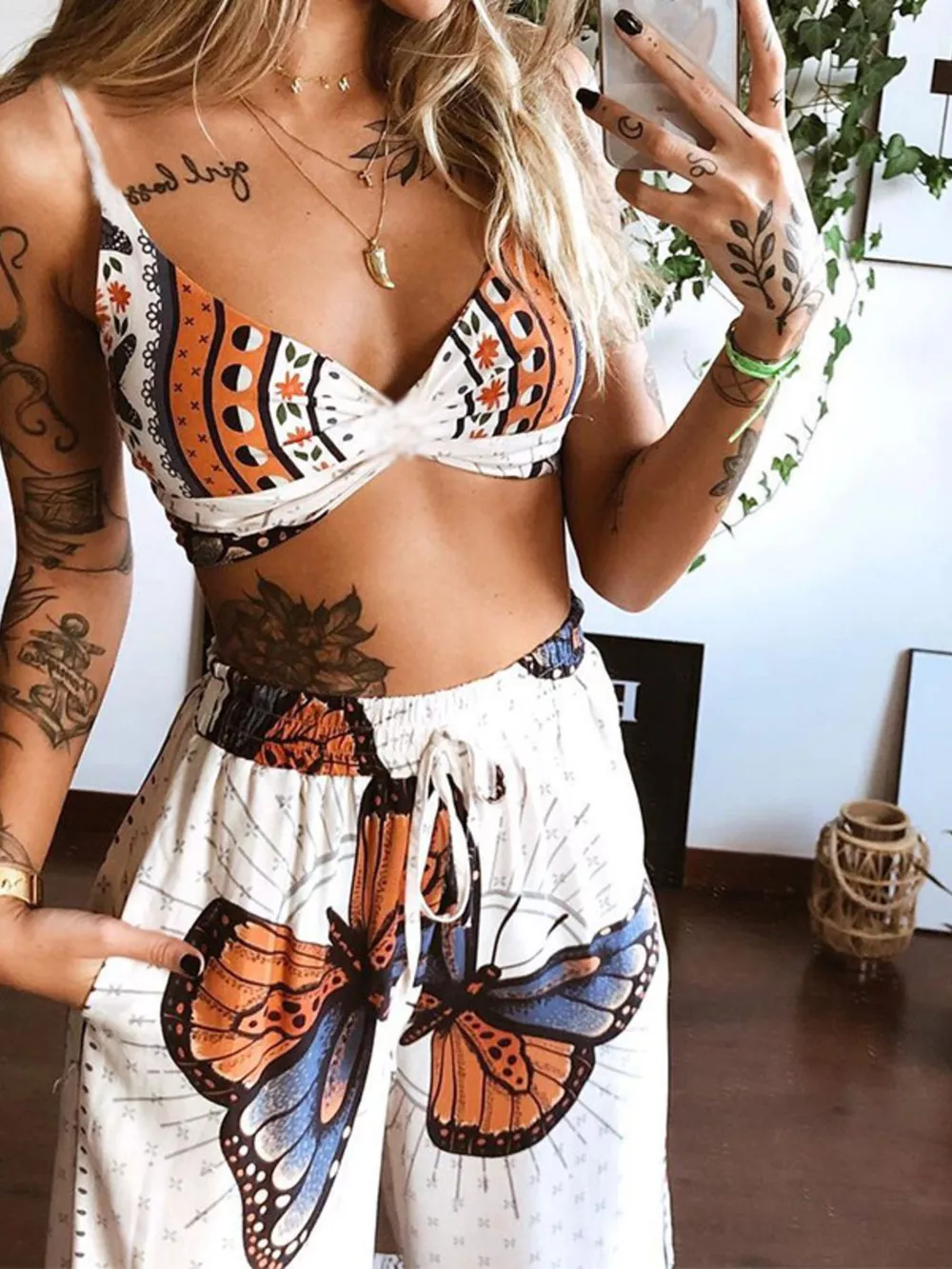 Boho Butterfly Print Top and Pants Set, image 12