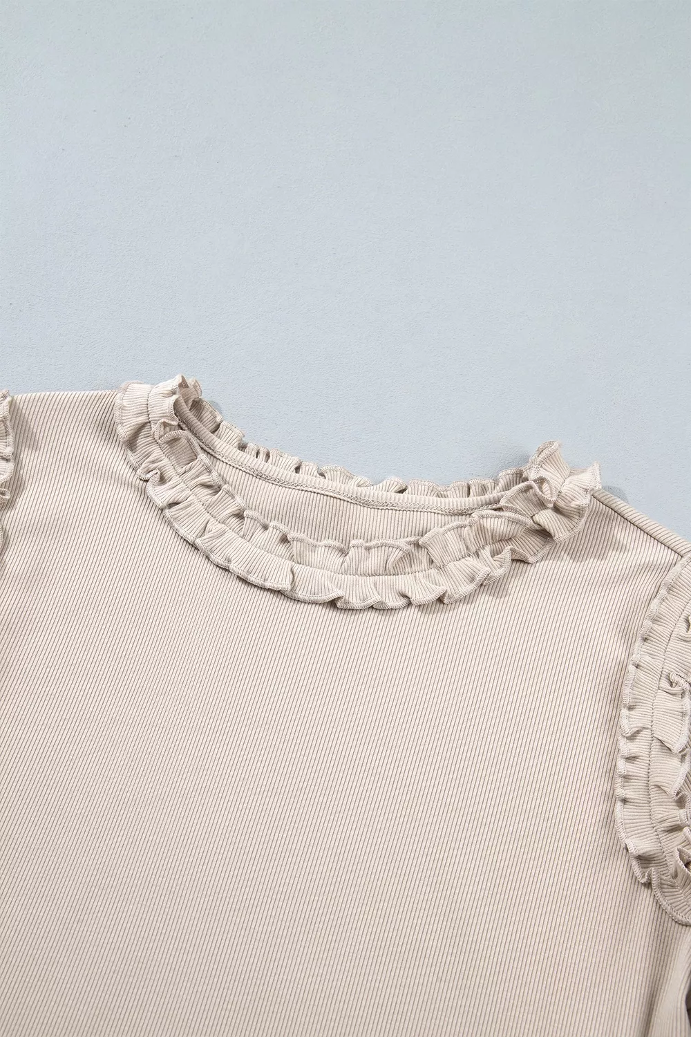 Solid Color Round Neck Frill Detail Long Sleeve Top, image 9