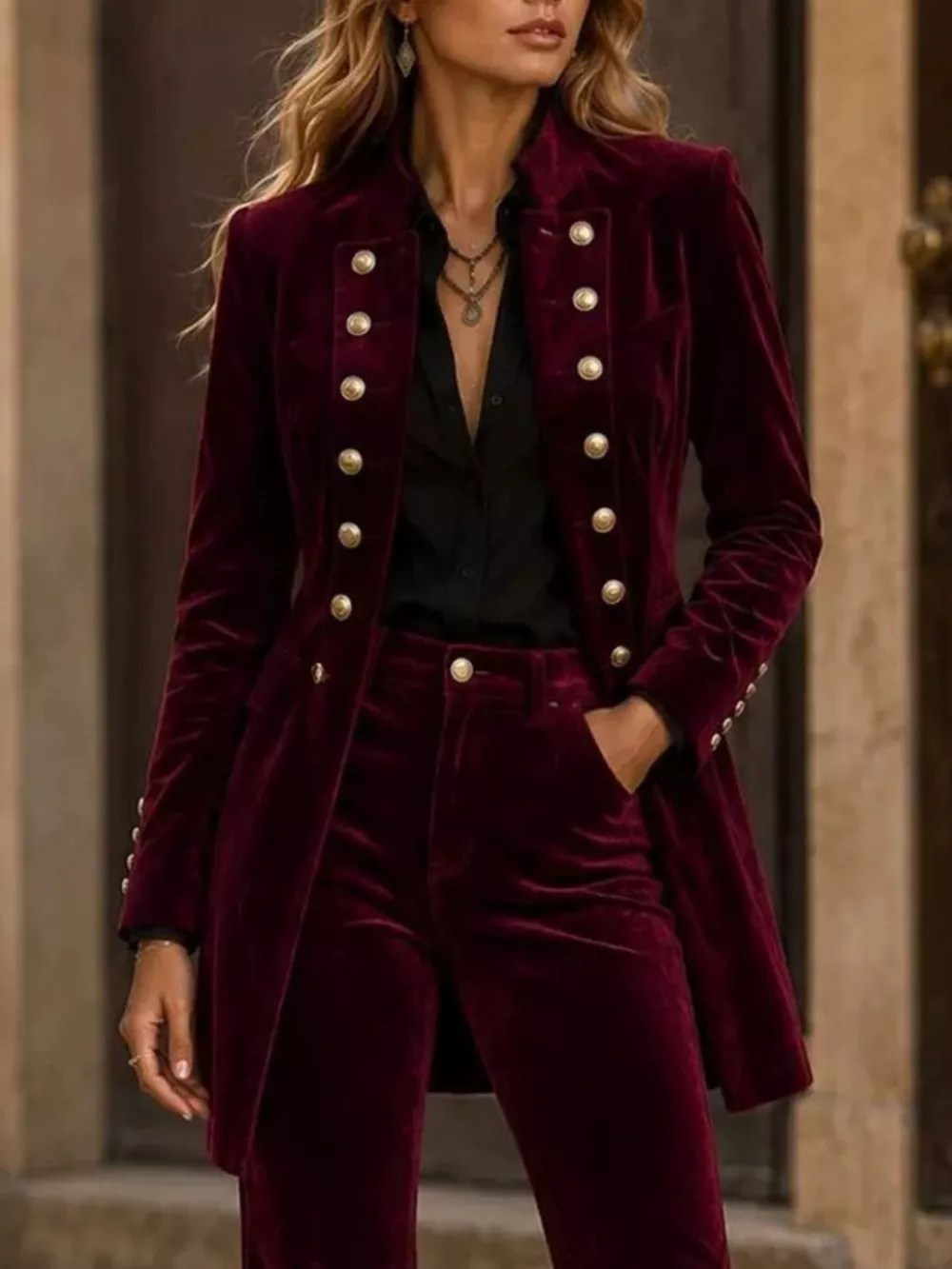 Velvet Double-Breasted Blazer and Flare Pants Set, image 6