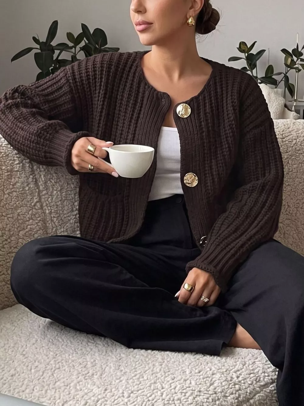 Ribbed Knit Cardigan with Gold-Tone Buttons, image 8