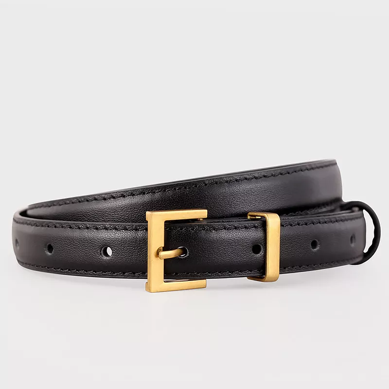 Leather Skinny Belt with Golden Buckle