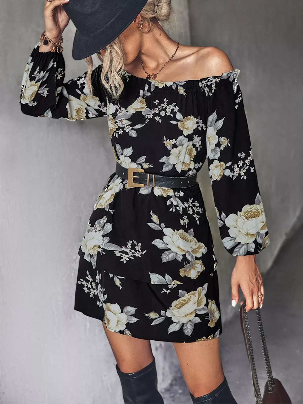 Off-Shoulder Floral Print Long Sleeve Mini Dress