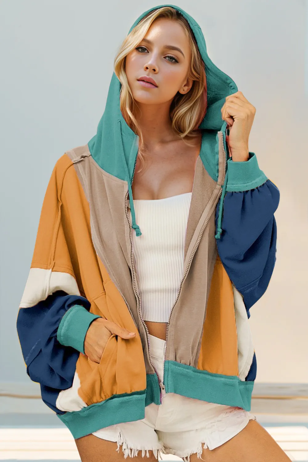 Full Size Color Block Zip Up Hoodie, image 4
