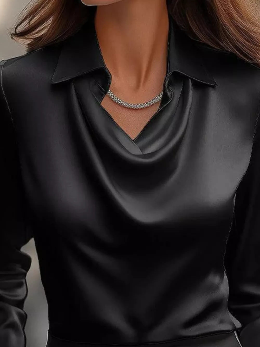 Ruched Long Sleeve Drape Collar Blouse, image 19