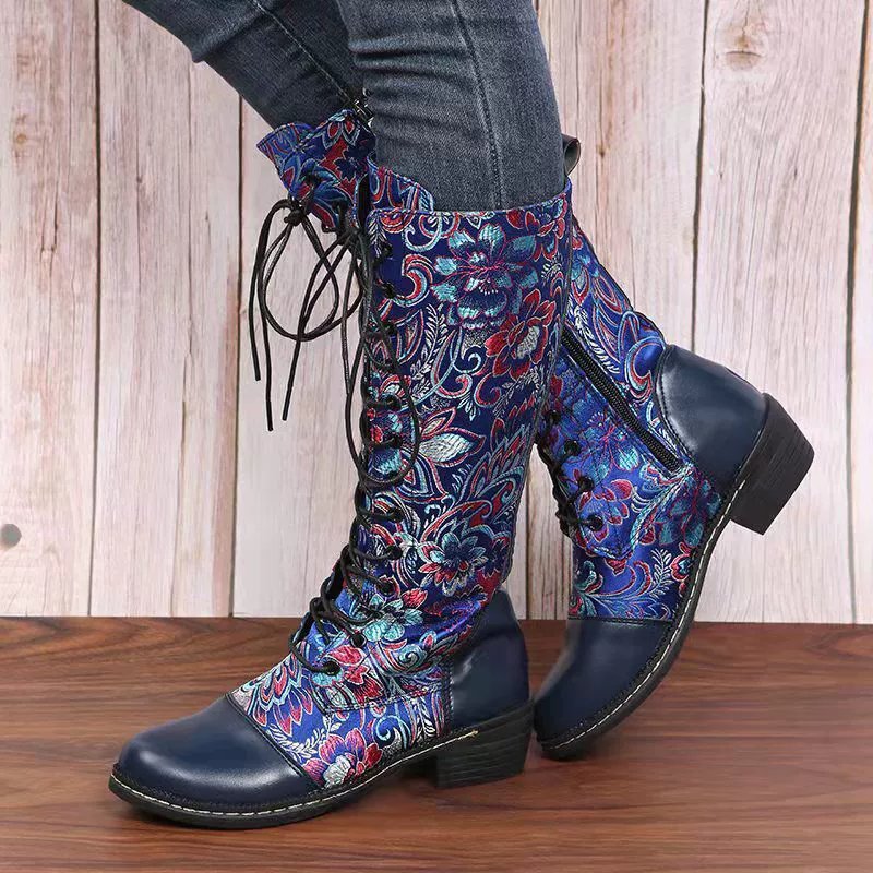 Embroidered Lace-Up Block Heel Boots, image 8