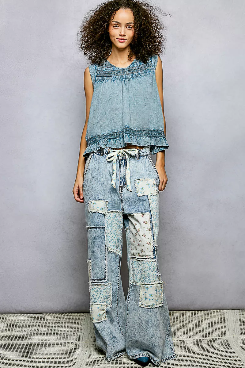 Button Closure on Back Ruffled Sleeveless Cotton Blouse with Trim Detail, image 6