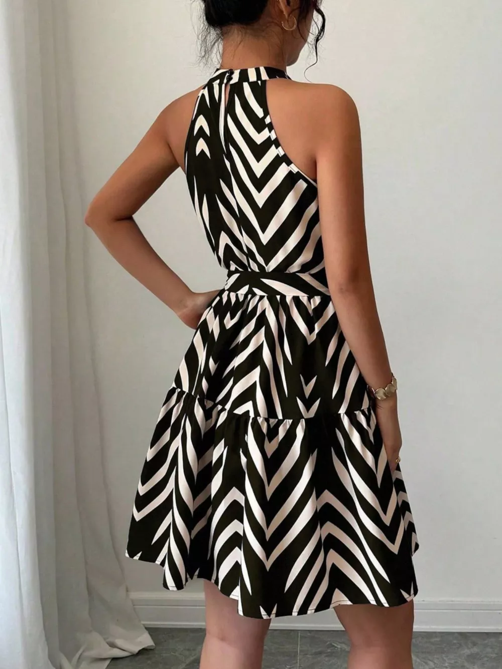Zebra Print Halter Neck Tie Waist Ruffle Hem Dress, image 6