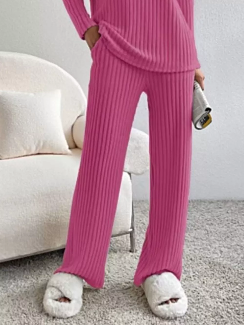Ribbed Knit V-Neck Top and Pants Set, image 5