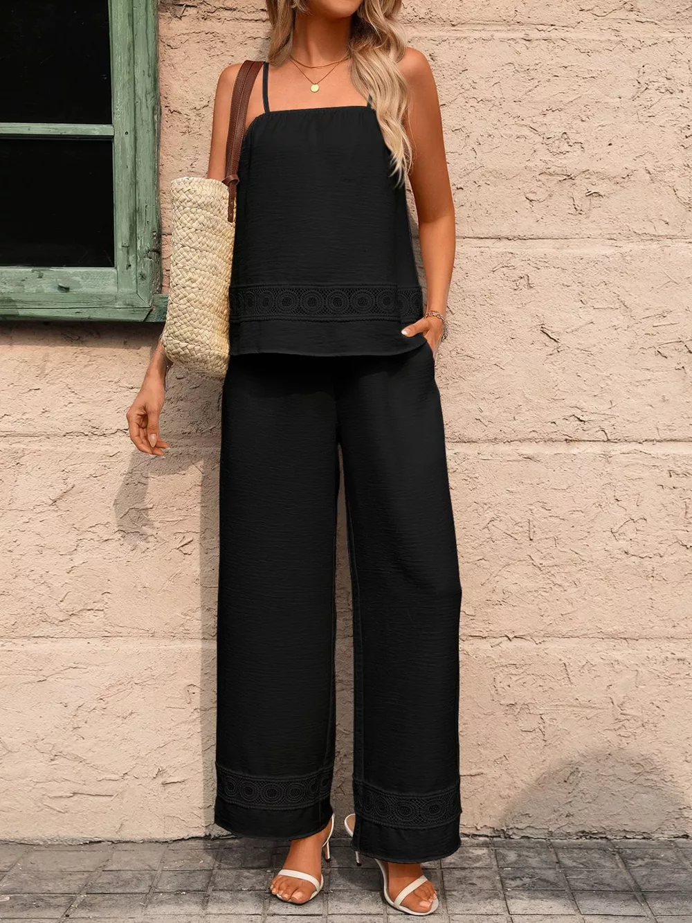 Lace Trim Cami and Wide Leg Pants Set, image 18