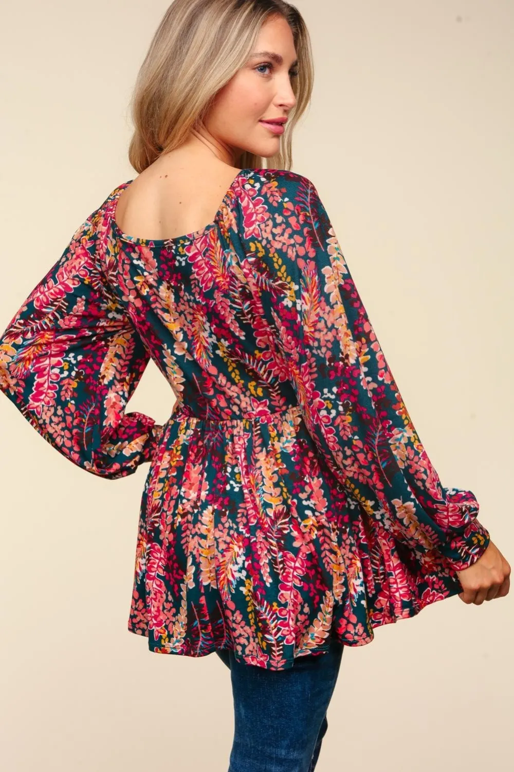 Full Size Peplum Floral Square Neck Blouse, image 2