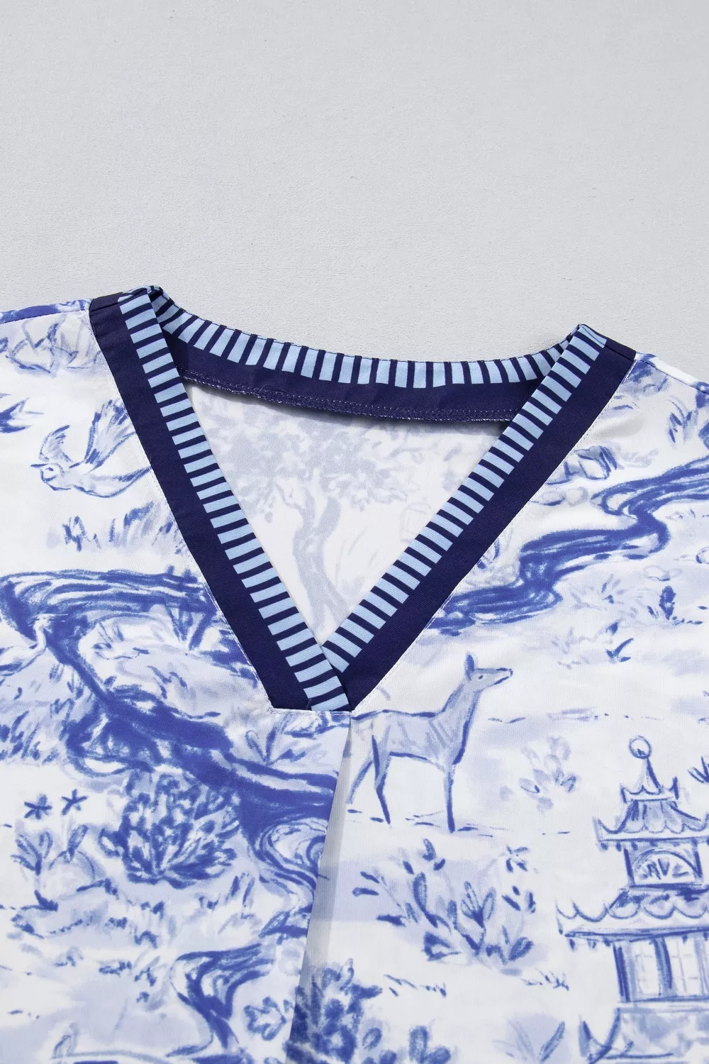 Printed Striped Trim V-Neck Blouse, image 9