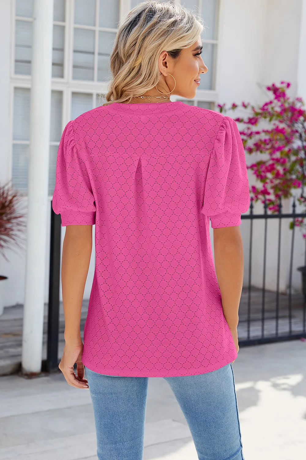 Eyelet Notched Puff Sleeve T-Shirt, image 9