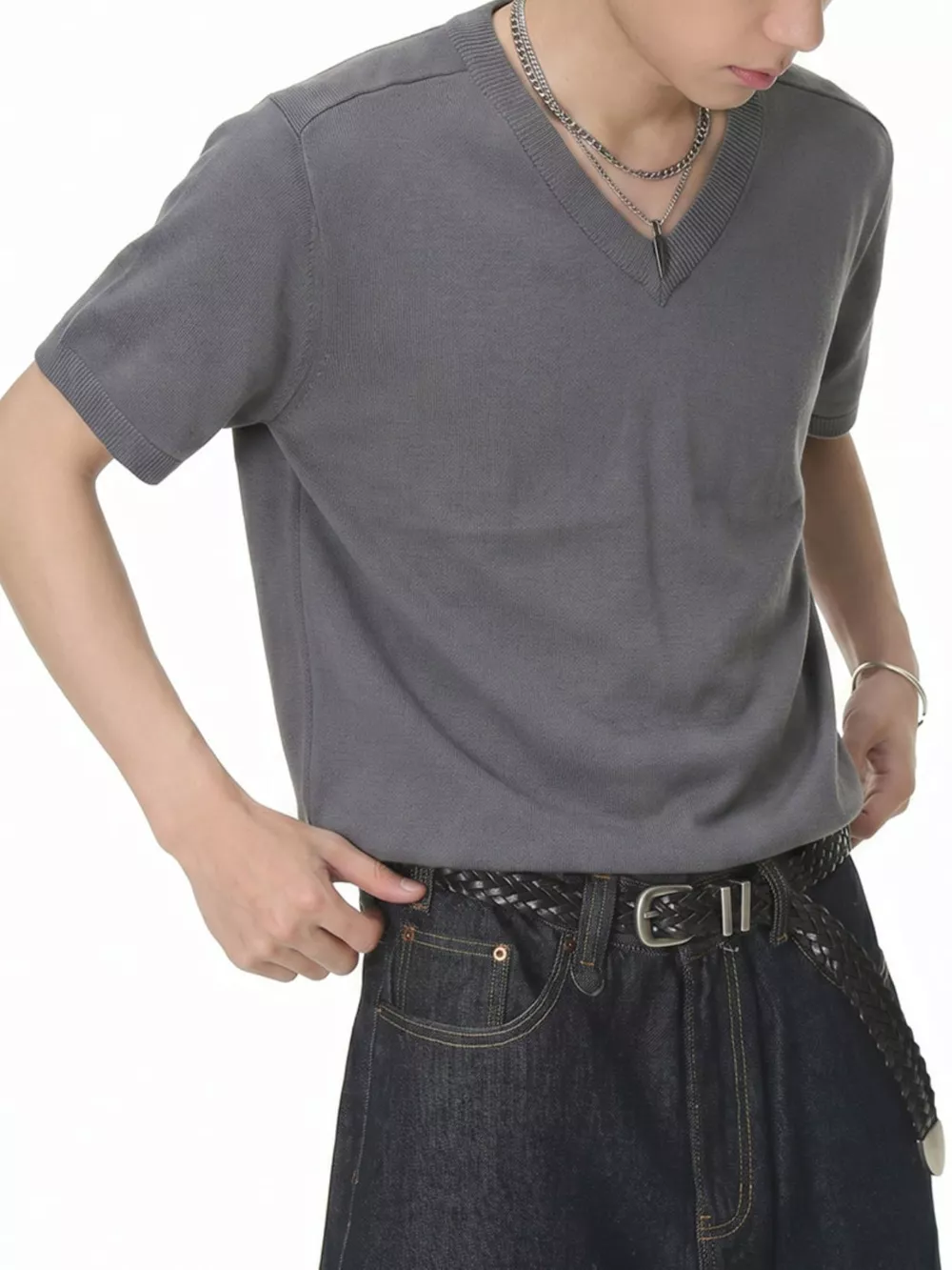 Men's V-Neck Short-Sleeve Knit T-Shirt, image 3