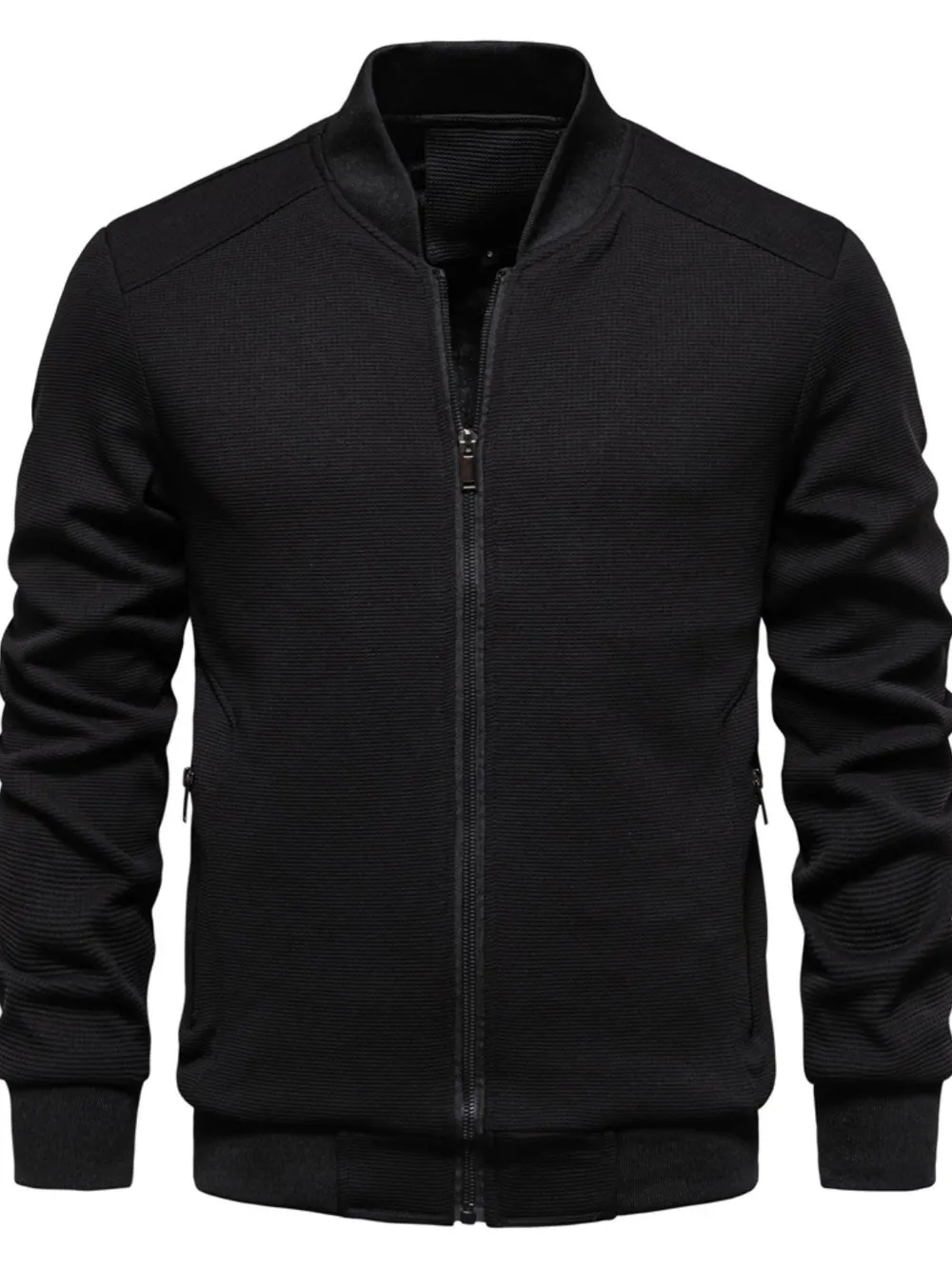 Men's Waffle Knit Baseball Collar Zip Up Jacket, image 10