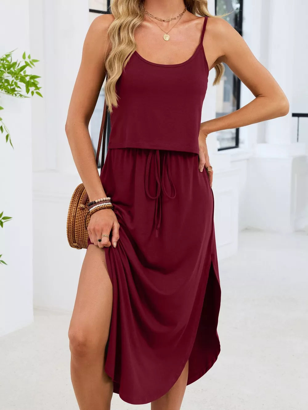 Scoop Neck Drawstring Waist Dress, image 18