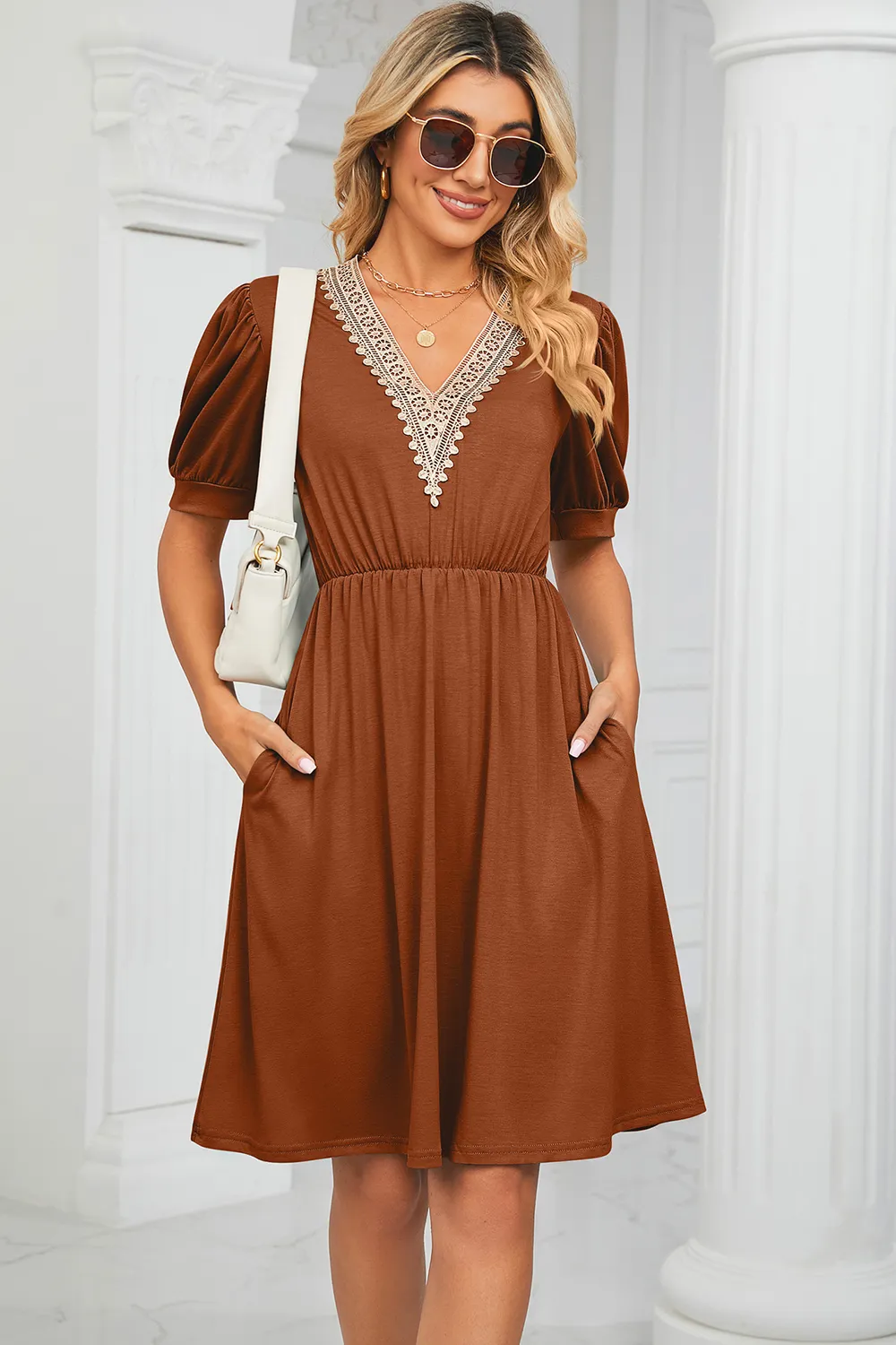 V-Neck Puff Sleeve Dress, image 21