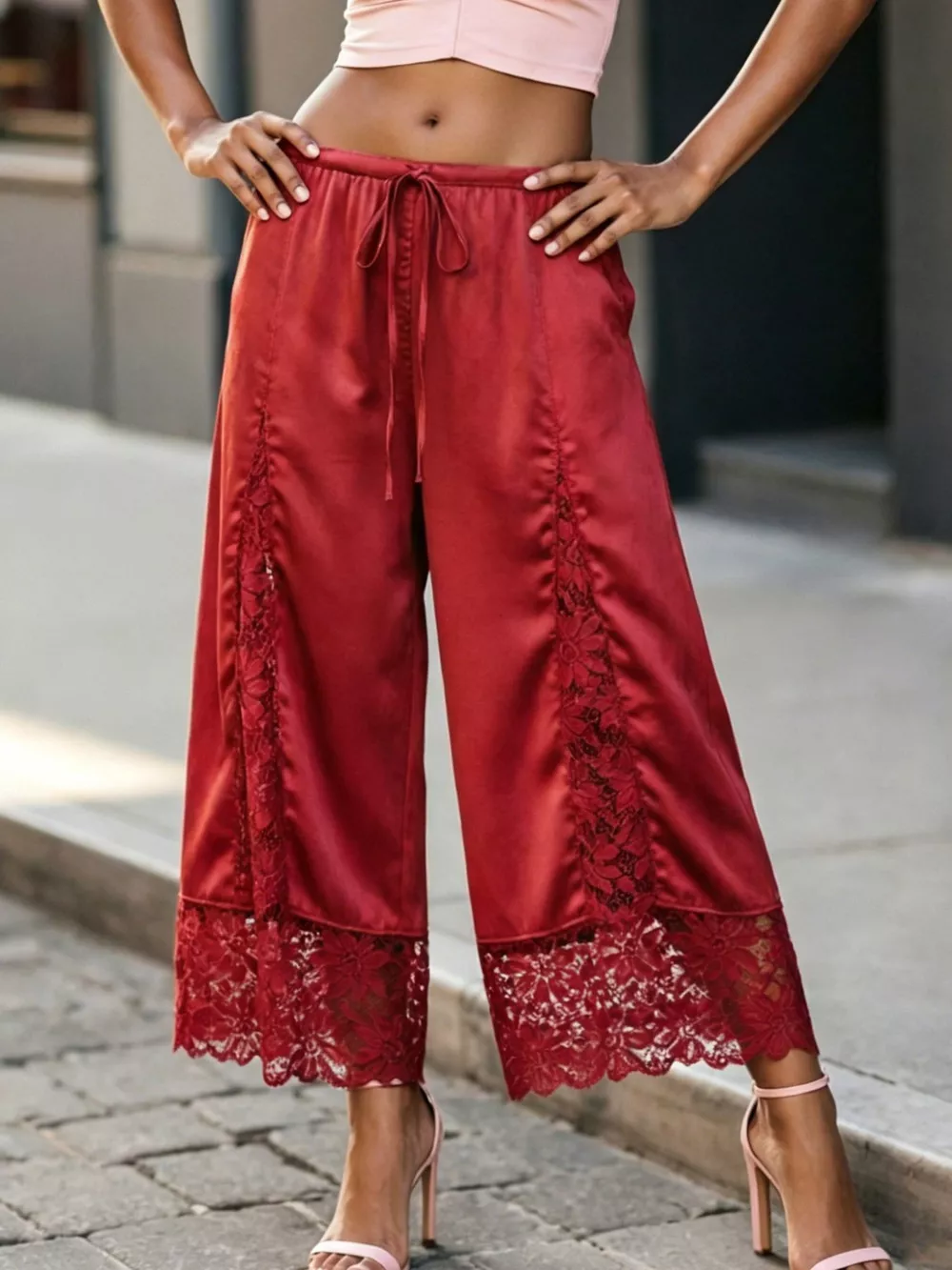Lace Trim Wide-Leg Cropped Pants, image 23