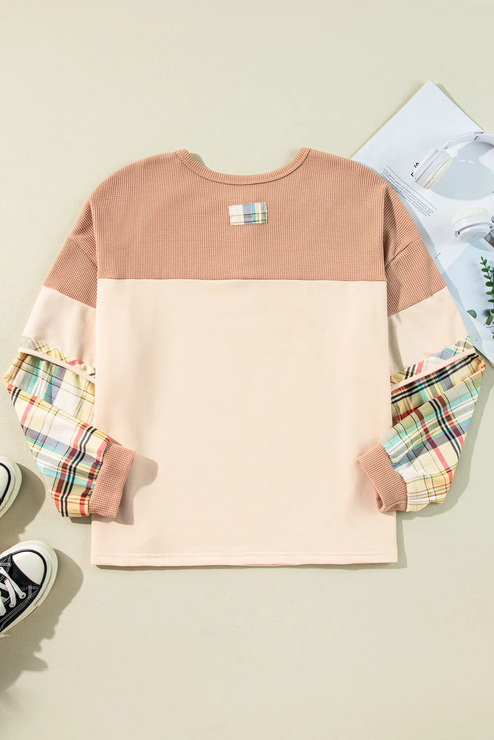 Plus Size Waffle-Knit Detail Plaid Round Neck Top, image 6