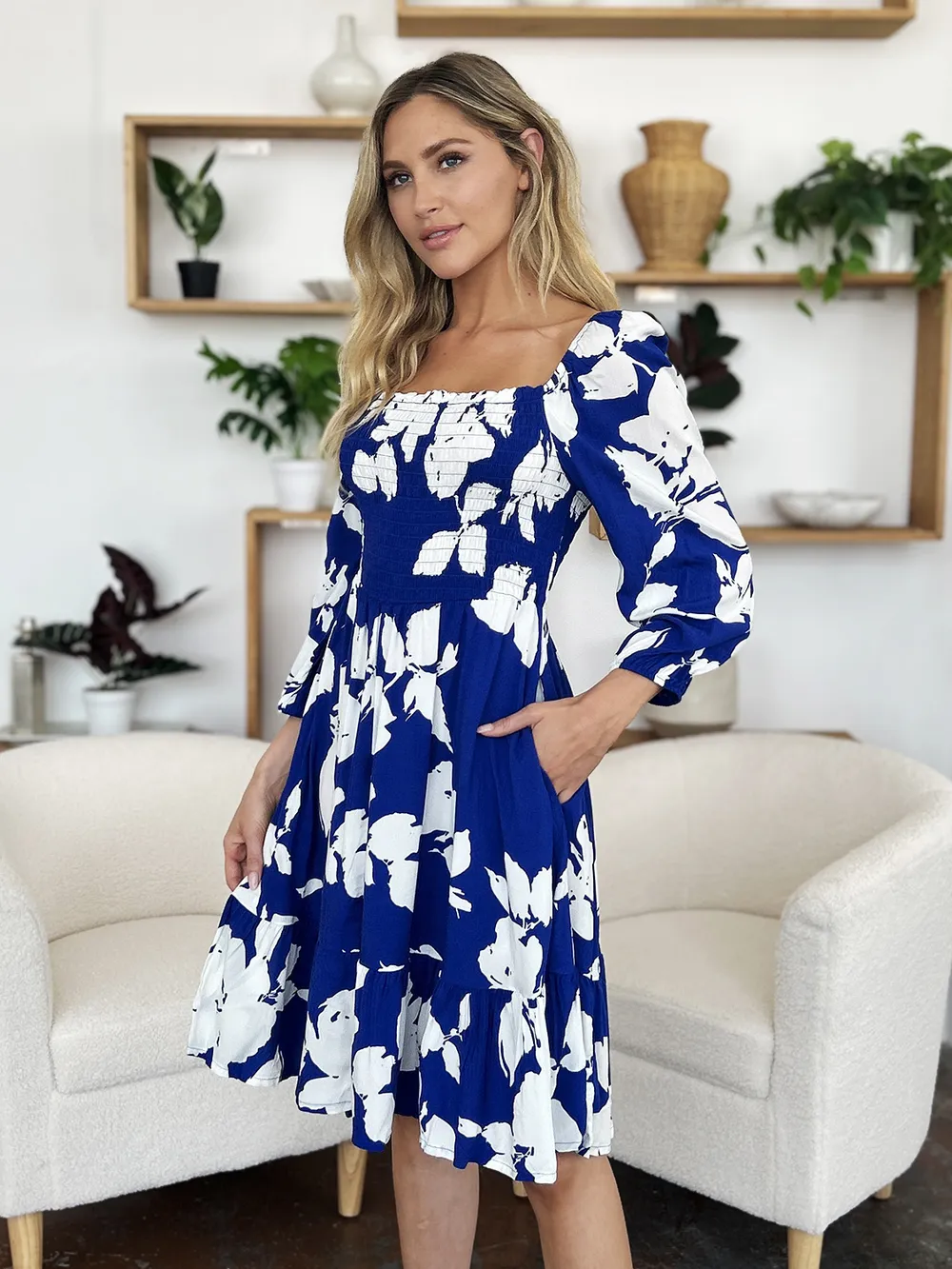 Full Size Floral Ruffle Hem Smocked Dress with Pockets, image 23