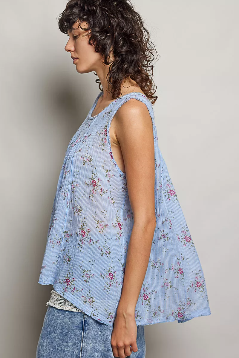 POL Round Neck Sleeveless Floral Pleated Cotton Top, image 2
