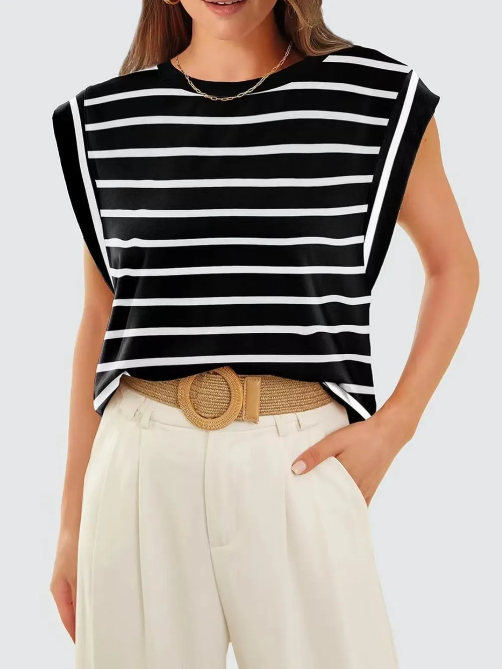 Striped Round Neck Cap Sleeve T-Shirt, image 20