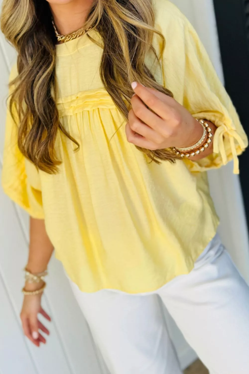 Tie Half Sleeve Pleated Detail Babydoll Blouse, image 5