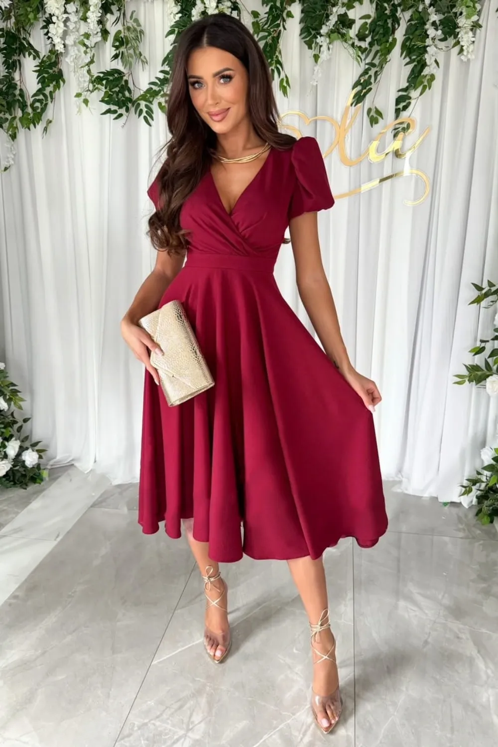 Surplice Puff Sleeve Midi Dress, image 12